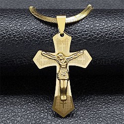 304 Stainless Steel Cross with Jesus Pendant Necklaces, Snake Chains Necklaces for Women, Golden, 16.57~16.73 inch(42.1~42.5cm)