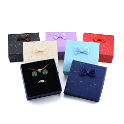 Karton Schmuck Set-Box, für Halsketten, Ring, Ohrring, außen mit Schleifenknotenband und innen mit schwarzem Schwamm, Viereck, Mischfarbe, 9x9x3.7 cm