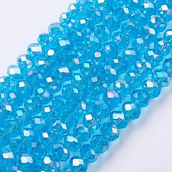 Chapelets de perles en verre électroplaqué, de couleur plaquée ab , facettes rondelle, bleu ciel, 6x4mm, Environ 87~90 pcs/chapelet