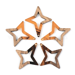 Resin & Walnut Wood Pendants, Star, Orange, 38x33x3mm, Hole: 2mm