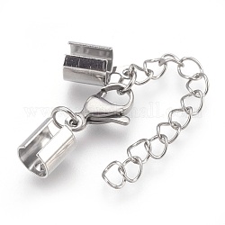 304 Stainless Steel Chain Extender, with Cord Ends and Lobster Claw Clasps, Stainless Steel Color, 40mm long, Chain Extenders: 42mm, Cord End: 12x6.5x6.5mm, Inner Diameter: 6mm, Clasp: 13x8x3.5mm