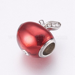 Perles européennes en 304 acier inoxydable, Perles avec un grand trou   , avec l'émail et strass, fruit, couleur inoxydable, rouge foncé, 14.5x12x9.5mm, Trou: 4.5mm