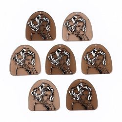 Pendentifs acryliques, 3d imprimé, demi-ovale avec motif femme, chameau, 33x32x2.5mm, Trou: 1.6mm