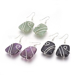 Natural Gemstone Dangle Earrings, with Silver Color Plated Brass Findings, Rectangle, 47mm, Pin: 0.7mm