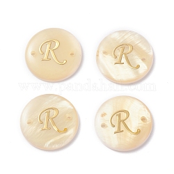 (Defective Closeout Sale: Yellowing), Freshwater Shell Links Connectors, with Golden Brass Findings, Flat Round with Letter, Letter.R, 20x3mm, Hole: 1.4mm