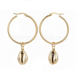 304 Stainless Steel Hoop Earrings, with Cowrie Shell Beads, Golden, 58~60mm, Pin: 1mm