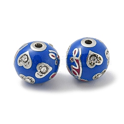 Perles d'émail en alliage de platine, avec strass, rond avec coeur amour, bleu moyen, 12x11.5mm, Trou: 1.8mm