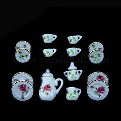 Mini servizio da tè in porcellana, comprese teiere da 2 pz, 5 tazza da tè, 8 pz piatti, per accessori per la casa delle bambole, fingendo decorazioni di scena, Modello floreale, 121x86x25mm, 15 pc / set