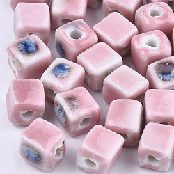 Handmade Porcelain Beads, Fancy Antique Glazed Porcelain, Cube, Pink, 8x7.5~8x7.5~8mm, Hole: 1.5~2mm