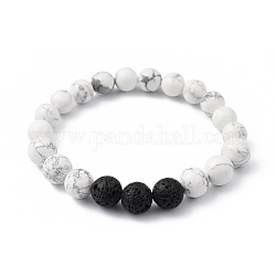 Natural Howlite & Lava Rock Beaded Stretch Bracelets, Round, Inner Diameter: 2 inch(5.2cm), Beads: 8.5mm and 10.5mm