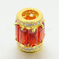 Golden Tone Brass Micro Pave Cubic Zirconia Large Hole European Beads, Column, Cadmium Free & Lead Free, Red, 12x9mm, Hole: 5mm