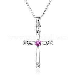 Silver Color Plated Brass Cubic Zirconia Cross Pendant Necklaces, Purple, 18 inch