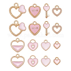 80 Stück 8 Stil-Emaille-Anhänger aus heller Goldlegierung, zum Valentinstag, Herz, rosa, 8.5~18x7~18x1.5~3 mm, Bohrung: 1.6~2 mm, 10pcs / style