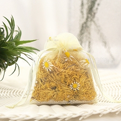 Pochettes de rangement pour bijoux imprimées de fleurs en organza, sacs-cadeaux de cordon de maille de partie de faveur de mariage, rectangle, champagne jaune, 14x10 cm