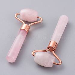 Outils de massage en quartz rose naturel, rouleaux de visage, avec les accessoires en laiton or rose, 91~92x39~41x18mm