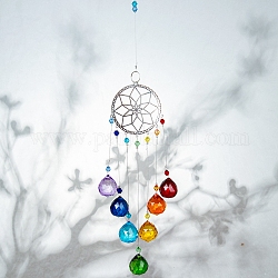 Crystals Chandelier Suncatchers Prisms Chakra Hanging Pendant, with Iron Cable Chains & Links, Glass Beads and Rhinestone, Flar Round, Platinum, 450mm