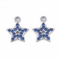 304 Stainless Steel Pendants, with Rhinestone, Star, Sapphire, 15.5x13x2mm, Hole: 2mm