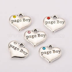 Wedding Theme Antique Silver Tone Tibetan Style Heart with Page Boy Rhinestone Charms, Mixed Color, 14x16x3mm, Hole: 2mm
