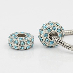 Alloy European Beads, with Grade A Rhinestone Beads, Large Hole Beads, Rondelle, Platinum Metal Color, Aquamarine, 14x7mm, Hole: 5mm