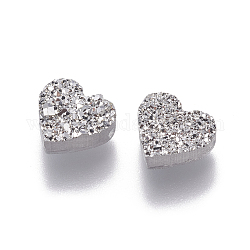 Perles de résine imitation druzy gemstone, cœur, couleur d'argent, 8.8x9.5x3.5mm, Trou: 1.2mm