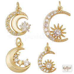 Beebeecraft 8Pcs 4 Style 18K Gold Plated Moon Charms with Cubic Zirconia Sun and Star Dangle Pendants with Jump Ring for DIY Necklace Earrings