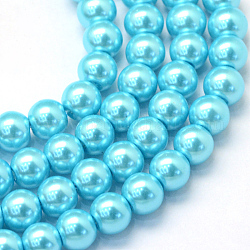 Cottura dipinto di perle di vetro perlato fili di perline rotondo, ciano, 8~9mm, Foro: 1 mm, circa 105pcs/filo, 31.4 pollice