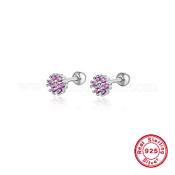Rhodium Plated Platinum 925 Sterling Silver Flower Stud Earrings, with Cubic Zirconia, Purple, 5mm