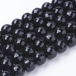 Natural Black Onyx Beads Strands, Dyed, Faceted Round, Black, 10mm, Hole: 1mm