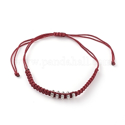 Bracelets de perles tressées en fil de nylon réglable unisexe, avec des pains d'espacement en alliage plaqué argent antique, plat rond, rouge, diamètre intérieur: 1~3-1/2 pouce (2.6~9 cm)