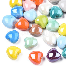 Perle di porcellana fatti a mano pearlized, cuore, colore misto, 10x10x7mm, Foro: 1.8 mm