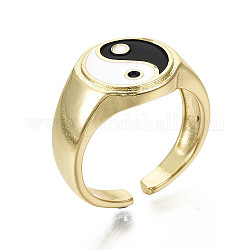 Anillos de brazalete de latón esmaltado, anillos abiertos, sin níquel, chisme / yin yang, en blanco y negro, real 16k chapado en oro, diámetro interior: 17 mm