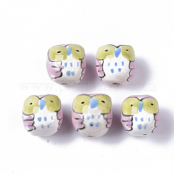 Handmade Porcelain Beads, Famille Rose Style, Owl, Pink, 15~16x14~15x14~15.5mm, Hole: 1.2~2mm
