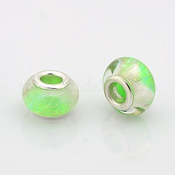 Large Hole Rondelle Resin European Beads, with Silver Tone Brass Cores, Pale Green, 14x9mm, Hole: 5mm