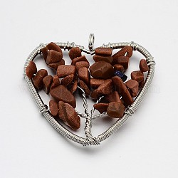 Pendentifs en pierres gemme en laiton, coeur avec l'arbre de la vie, platine, 46~50x48~53x10mm, Trou: 5mm