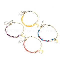 Bracelets avec breloque en laiton, avec des perles d'agate naturelle teintes et 304 fermoir à pince de homard en acier inoxydable, lune, or, couleur mixte, 7-7/8 pouce (20 cm)