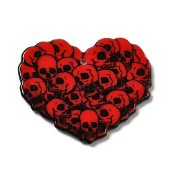 Acrylic Pendants, Valentine's Day Theme, Skull, Red, Heart, 33x40.5x2.5mm, Hole: 1.8mm