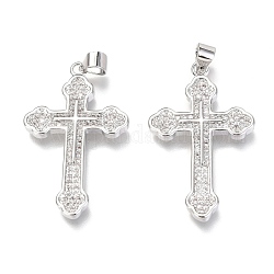 Brass Micro Pave Clear Cubic Zirconia Pendants, Cross, Real Platinum Plated, 32x20x3mm, Hole: 3mm