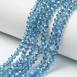 Galvanisieren Glasperlen, halb plattiert, in Blau Plattiert, facettiert, Rondell, hellblau, 6x5 mm, Bohrung: 1 mm, ca. 85~88 Stk. / Strang, 16.1~16.5 Zoll (41~42 cm)