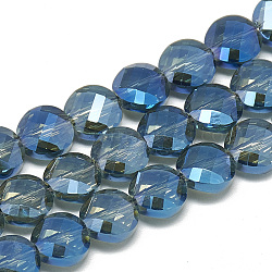 FilI di perline in vetro placcato, arcobaleno placcato, sfaccettato, rotondo e piatto, dodger blu, 8x5mm, Foro: 1.2 mm, circa 69~72pcs/filo, 21.26 pollice
