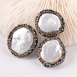 Cuentas redondas planas naturales de perlas cultivadas de agua dulce, con rhinestone de arcilla polimérica, color de concha, 17~21x5~6mm, agujero: 0.5 mm