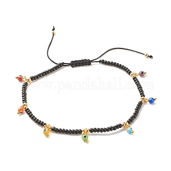 Bracelet de cheville en perles de verre et perles tressées en laiton avec breloques mauvais œil au chalumeau, bracelet de cheville réglable pour femme, noir, diamètre intérieur: 2-3/4 pouce (7 cm)