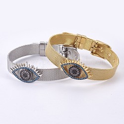 Unisex 304 Stainless Steel Watch Band Wristband Bracelets, with Brass Micro Pave Cubic Zirconia Slider Charms, Evil Eye, Mixed Color, 8-5/8 inch(21.8cm), 10mm