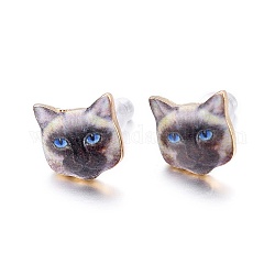 Boucles d'oreilles chaton en alliage plaqué or véritable 14k, avec épingle en acier inoxydable émaillé et environnement, imprimé, motif de chat, café, 10~10.5x10.5~11mm, pin: 0.7 mm