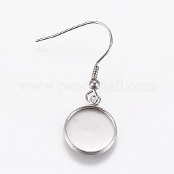 Stainless Steel Dangle Earrings, Cabochon Settings, Flat Round, Stainless Steel Color, Tray: 12mm, Pendant: 16.5x13.5x2mm, 36.5mm, 21 Gauge, Pin: 0.7mm
