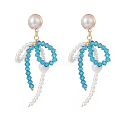 Aretes colgantes con lazo de vidrio y perla de concha con corazón, joyas de latón para mujer, cielo azul profundo, 73mm, pin: 0.9 mm