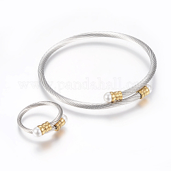 304 Edelstahl-Schmuck-Sets, verstellbare Armreifen und Ringe, mit Acryl-Perlen, goldenen und Edelstahl Farbe, 2-1/8 Zoll (55 mm), 18 mm