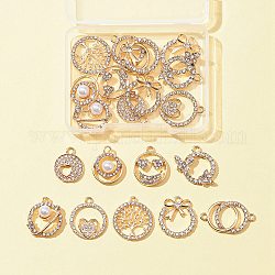 Kit per la ricerca di gioielli fai da te, inclusi pendenti in strass di cristallo in lega e ciondoli per connettori, anello & cuore & bowknot & albero, oro chiaro, 17~21.5x14~25x1.5~2.5mm, Foro: 1.4~2 mm, 20pcs/scatola