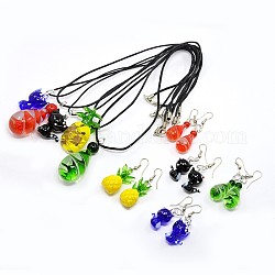 Cat & Drop & Ananas Handmade Lampwork Necklaces and Earrings Jewelry Sets, Mixed Color, 16.9 inch, 26~51x12~13mm, Pin: 1mm