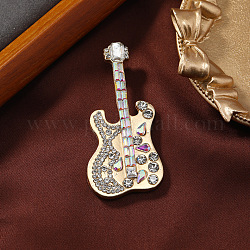 Vintage Guitar Brooch, Fashion Alloy Rhinestone Music Instrument Jewelry for Artistic Youth Jacket Accessory, Clear AB, 66x30mm