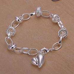 Bracelets en laiton avec breloque de cœur pour femmes, avec fermoirs mousquetons, couleur d'argent, 180x7mm